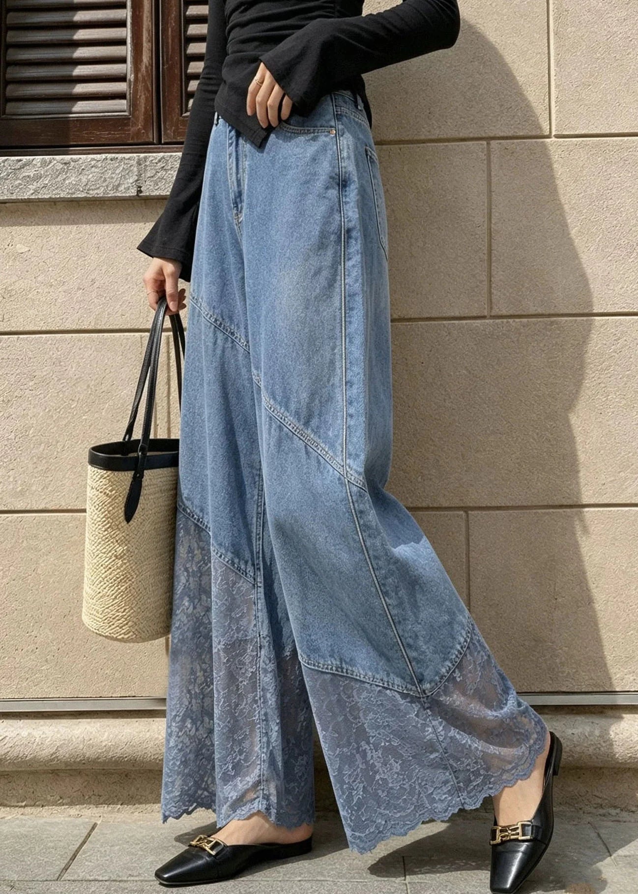 Jean Femme Taille Haute à Jambes Larges avec Poches et Patchwork 4