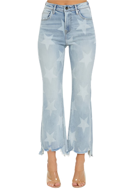 Jeans Droits Femme Taille Haute Imprimé Étoiles Denim Clair 0
