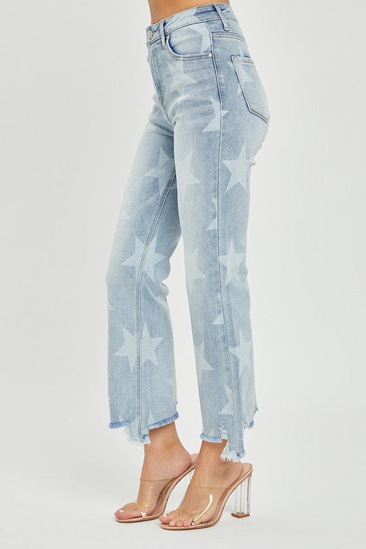 Jeans Droits Femme Taille Haute Imprimé Étoiles Denim Clair 3