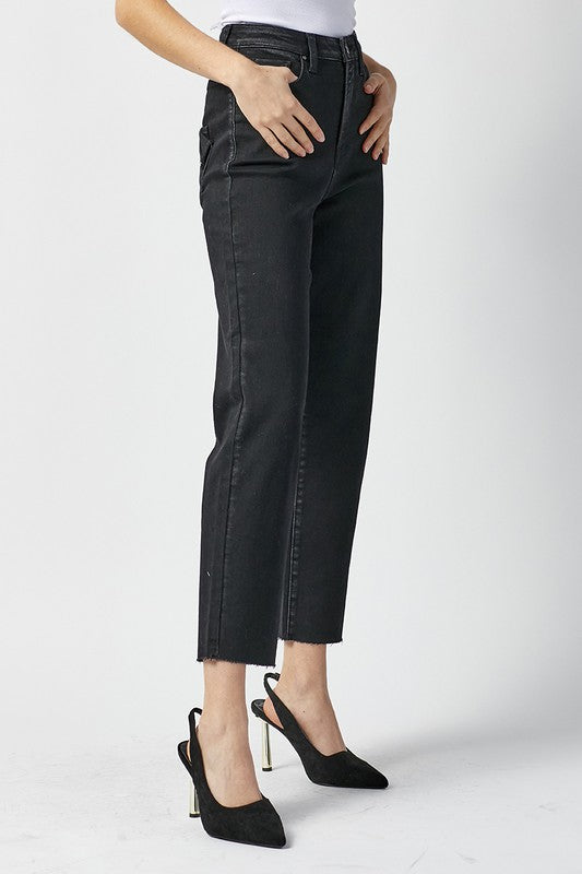 Jeans Femme Taille Haute Mom Fit Noir Délavé 1
