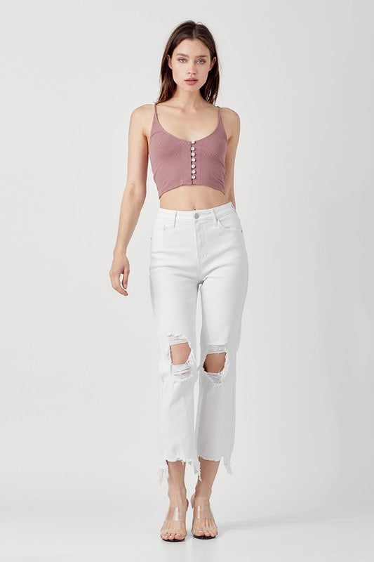 Jeans droits taille haute pour femmes en blanc 4