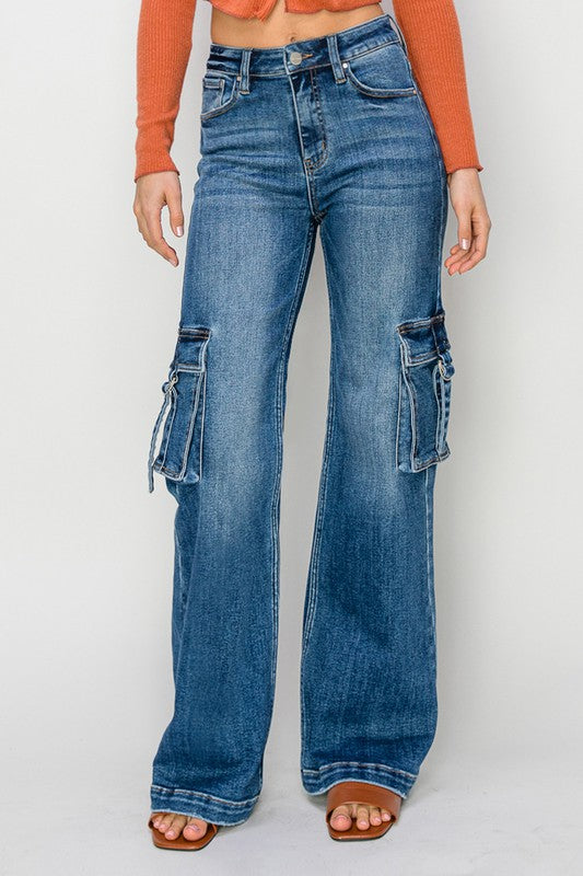 Jeans larges à taille haute avec poches cargo pour femmes en denim 2