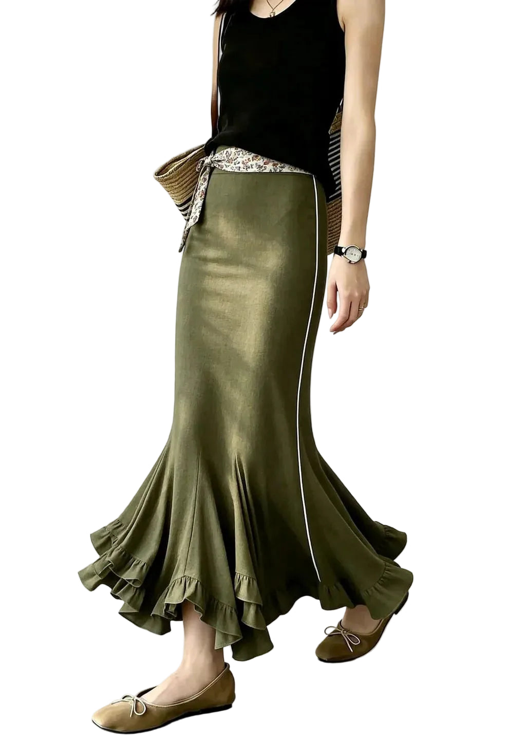Jupe Femme Style Sirène Taille Haute avec Volants 0
