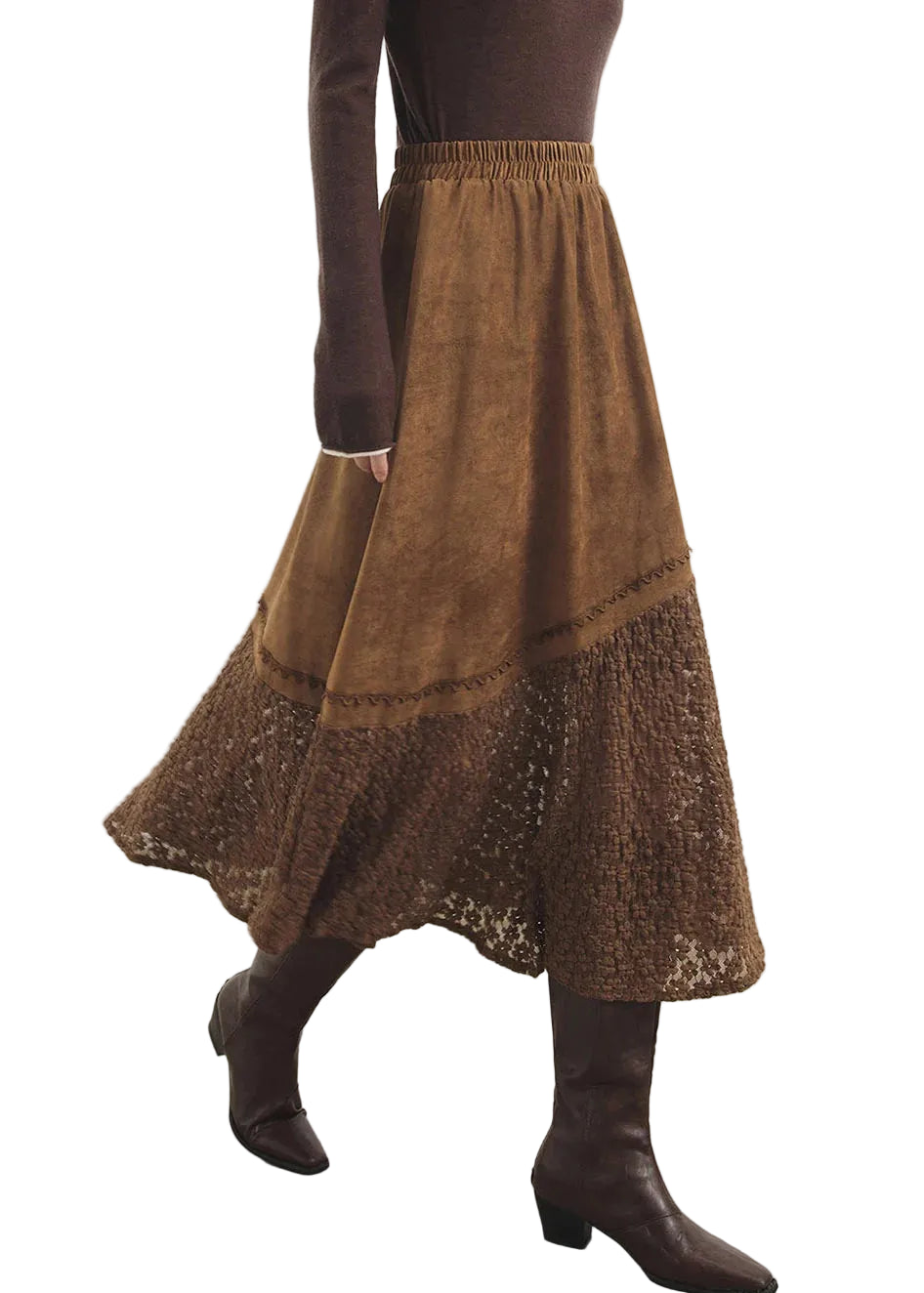 Jupe trapèze femme style automnal avec dentelle et faux daim 0
