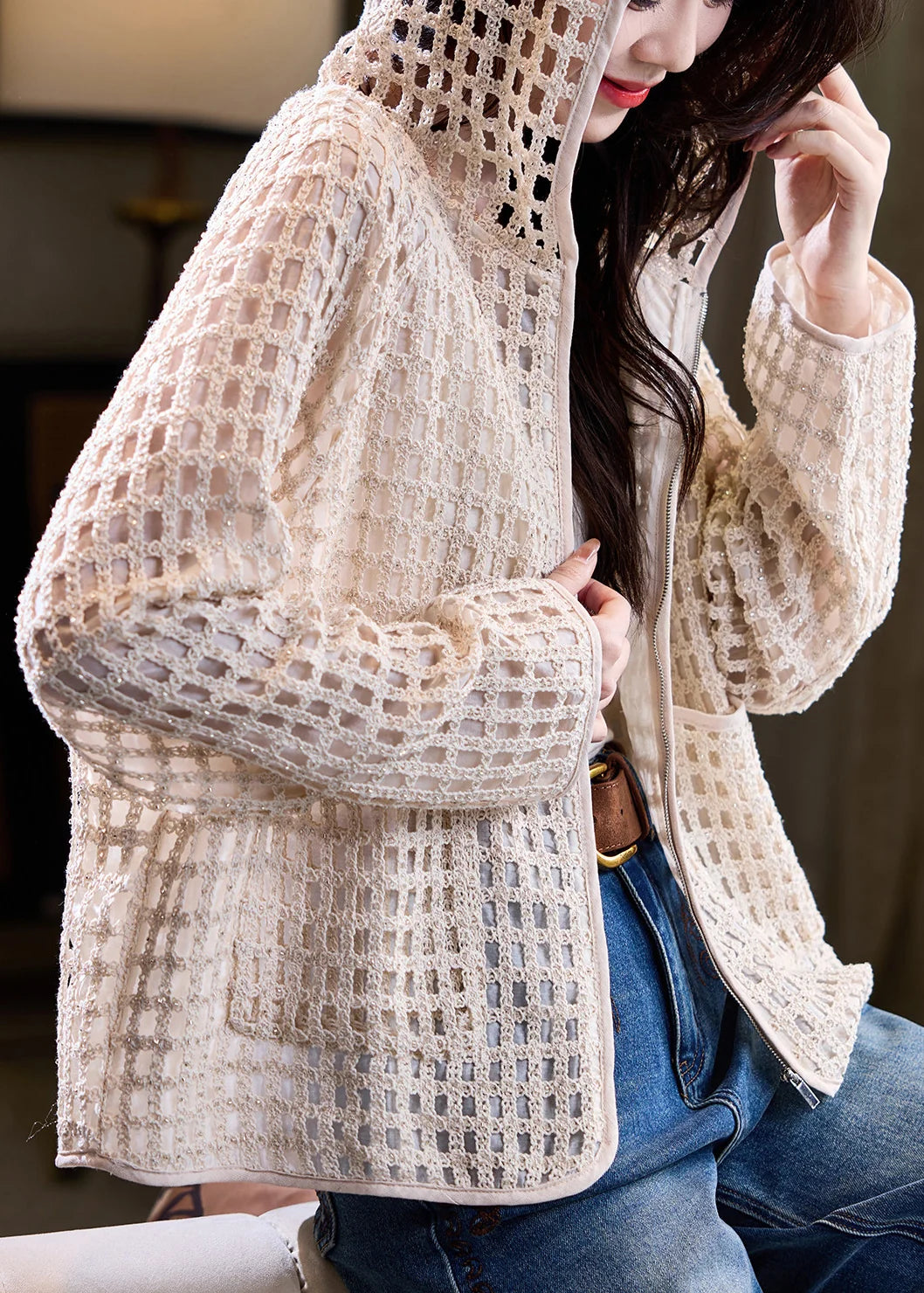 Manteau Femme Automnal à Capuche Style Maille Ajourée 2