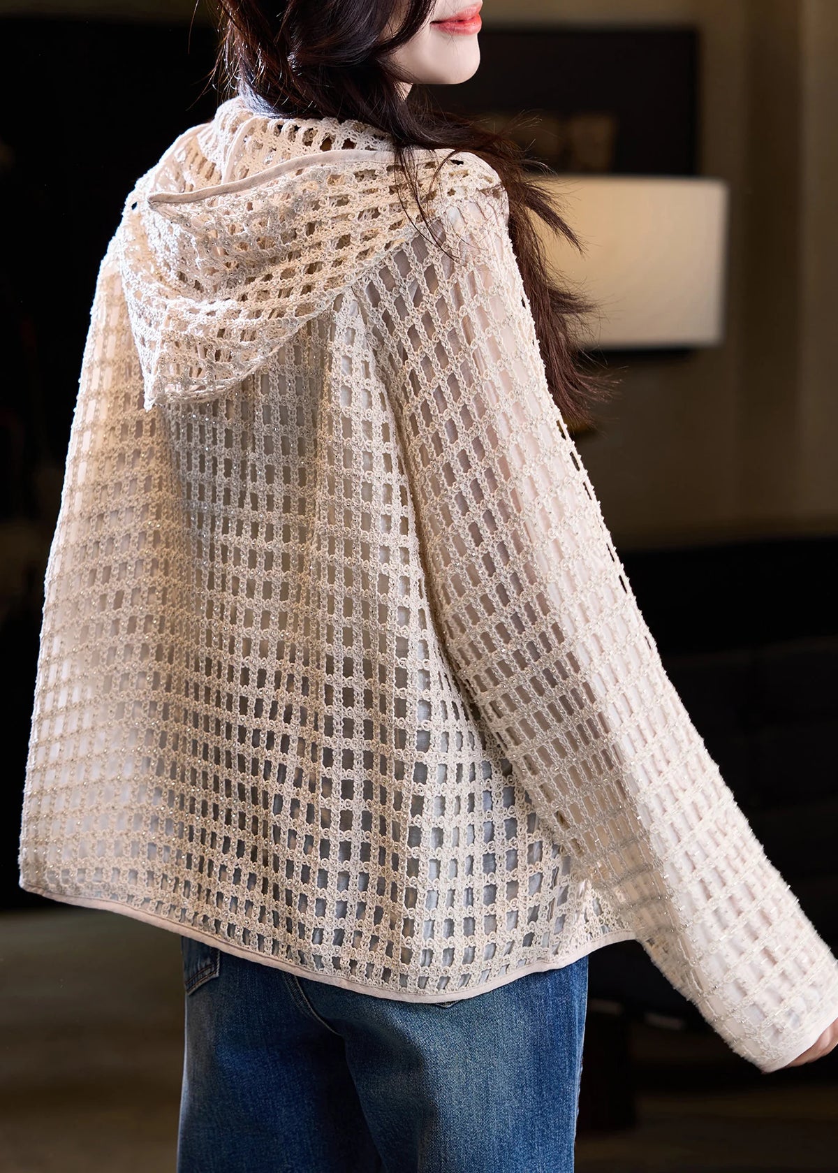 Manteau Femme Automnal à Capuche Style Maille Ajourée 3