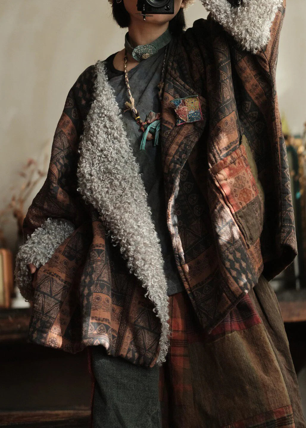 Manteau Femme Grande Taille Col Claudine Patchwork Imprimé Hiver 2