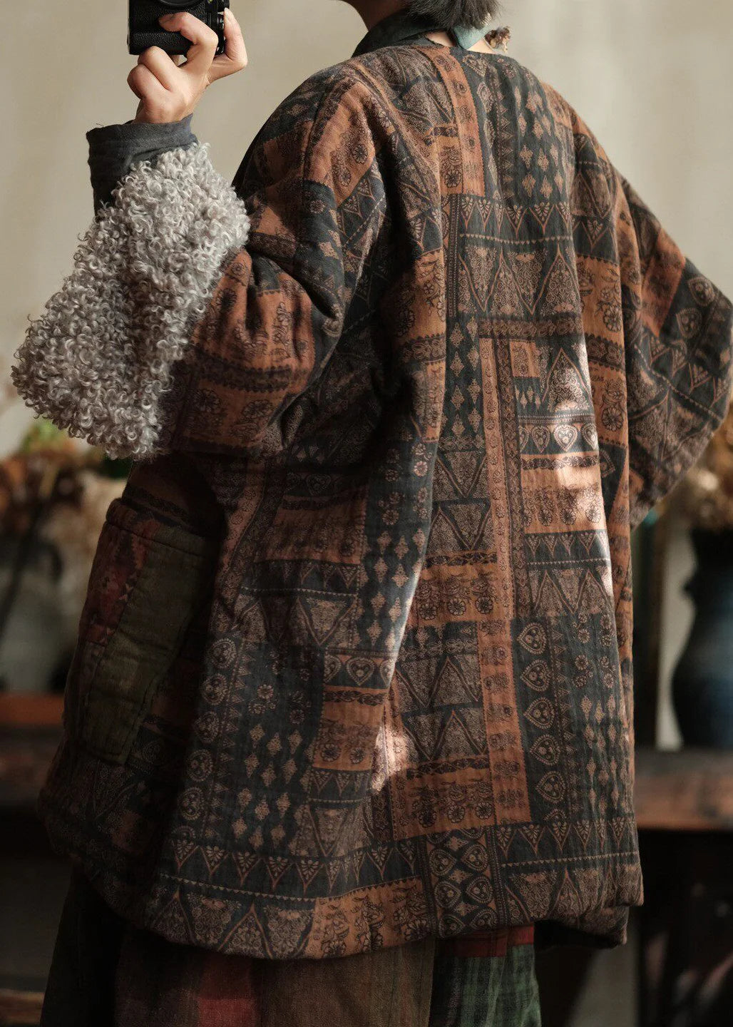 Manteau Femme Grande Taille Col Claudine Patchwork Imprimé Hiver 4
