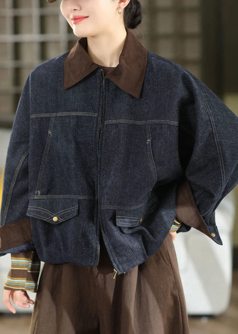 Manteau Femme Patchwork Denim Col Claudine Automnal 0