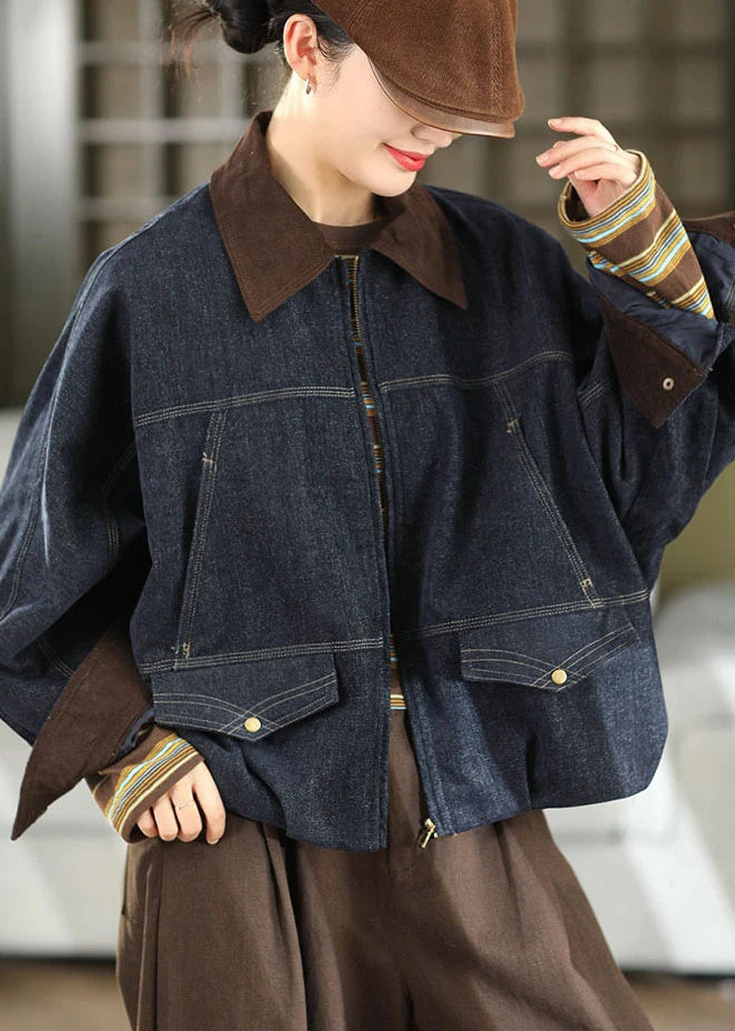 Manteau Femme Patchwork Denim Col Claudine Automnal 1