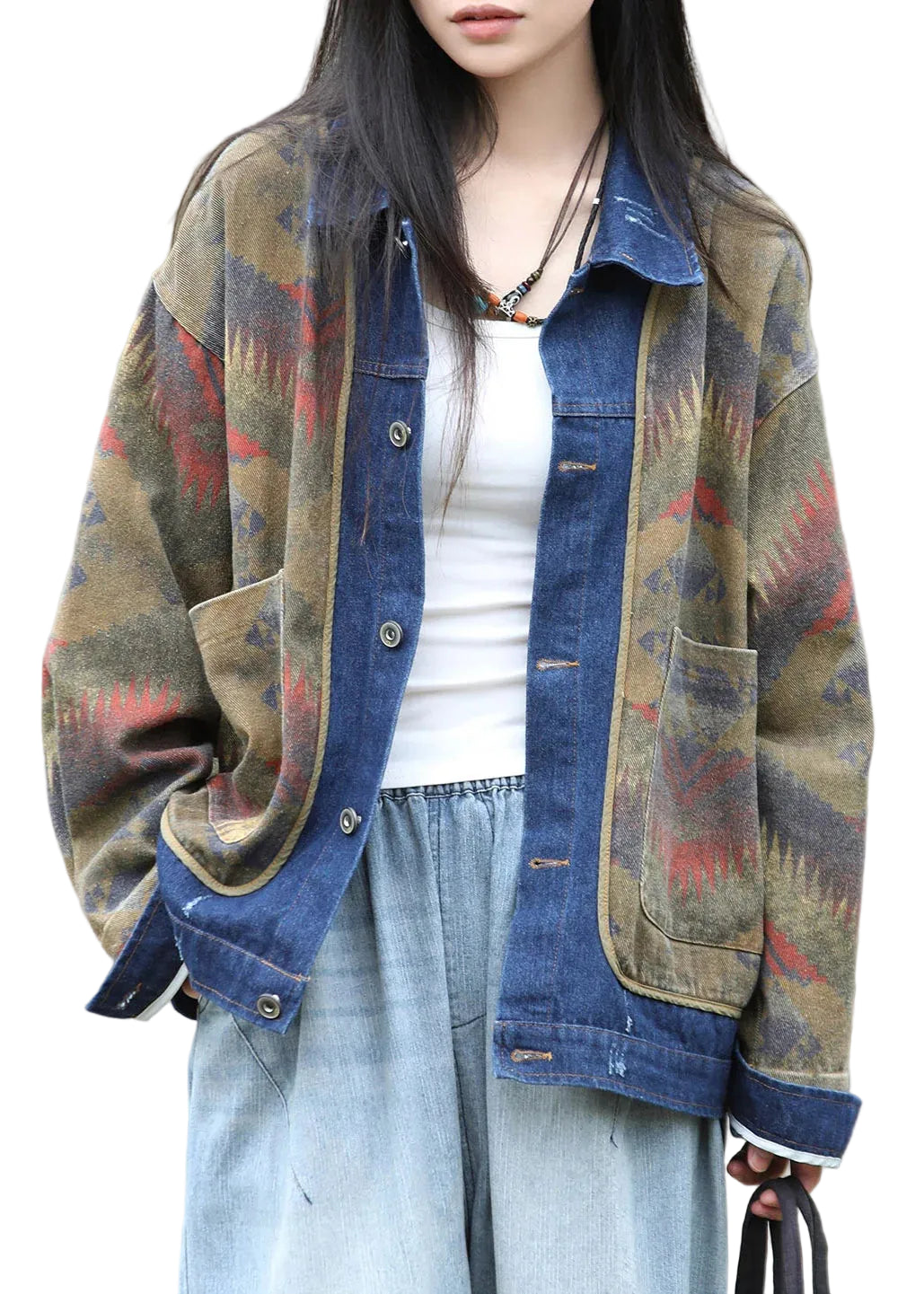 Manteau Femme Patchwork Denim Col Peter Pan 0