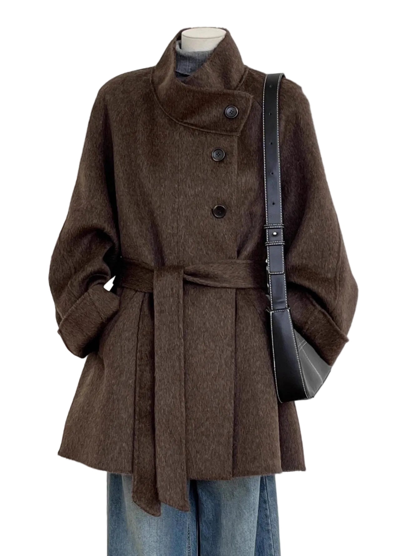 Manteau Femme Patchwork avec Ceinture à la Taille et Poches 0