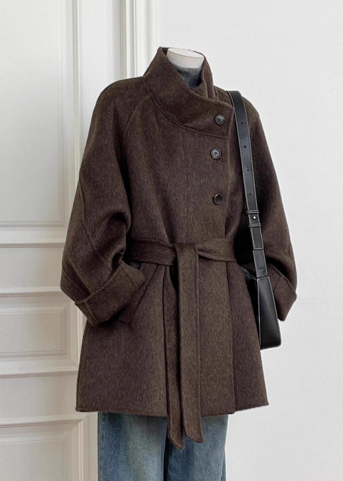Manteau Femme Patchwork avec Ceinture à la Taille et Poches 2