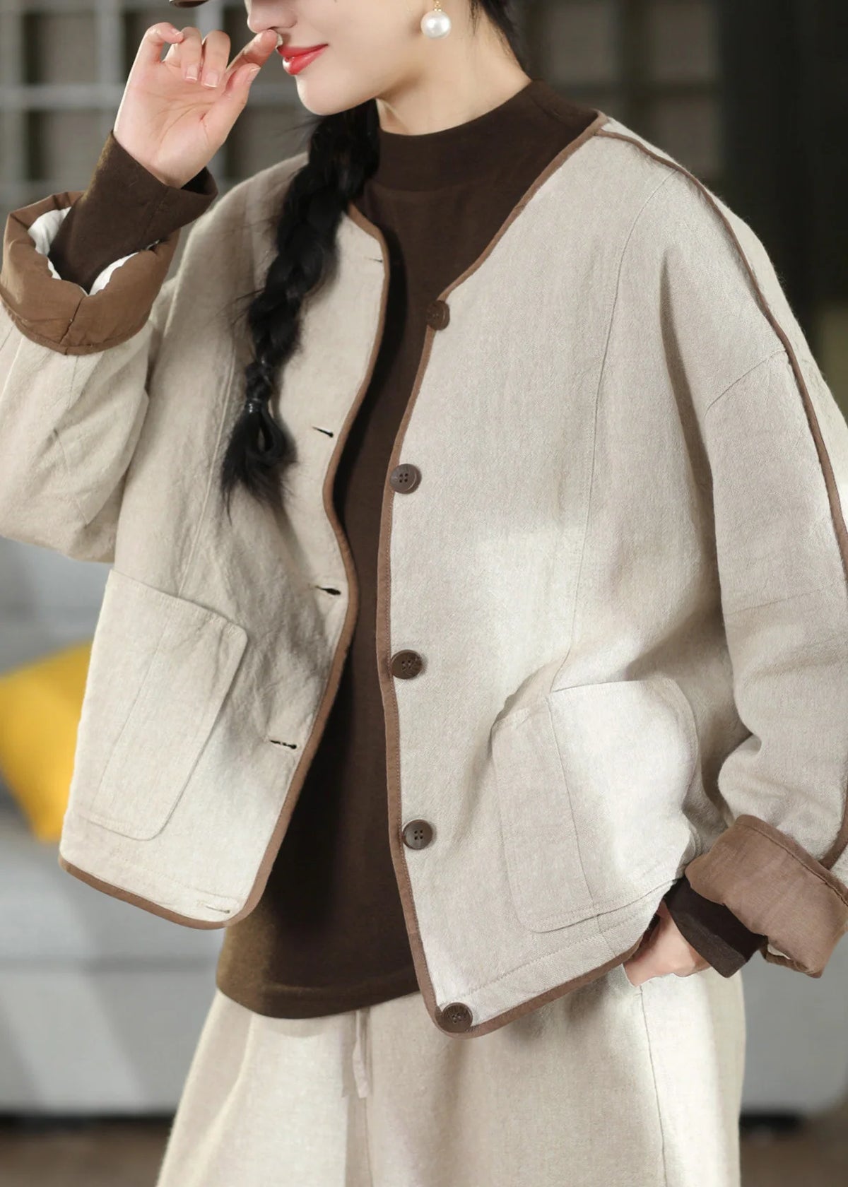 Manteau Hiver Femme Ample Avec Poches Et Détails Patchwork 1