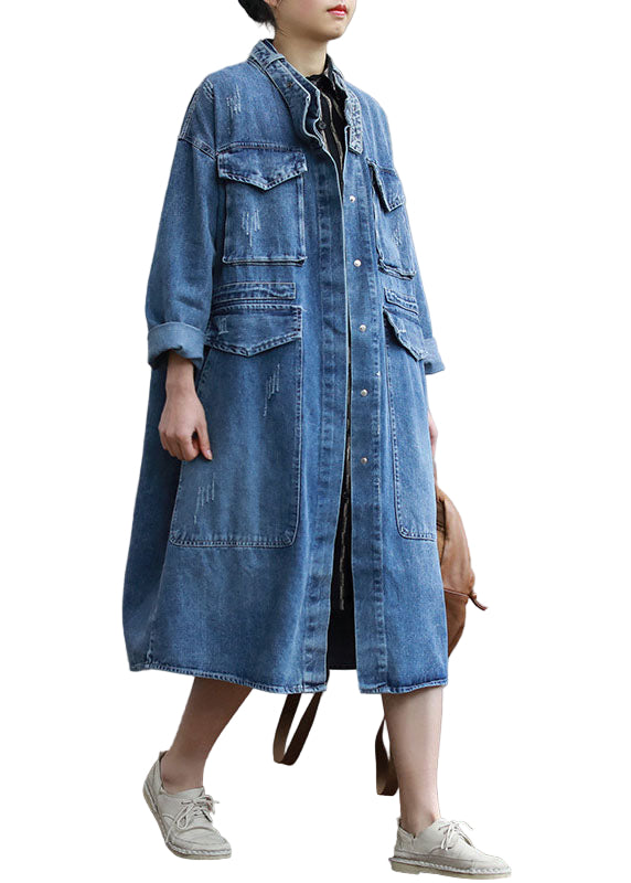 Manteau Long Femme en Denim Ample avec Poches et Manches Longues 0