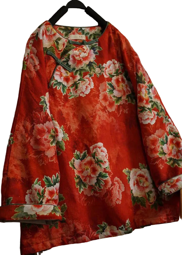 Manteau d'hiver Femme Style Chinois Imprimé Rouge Boutons Orientaux 0