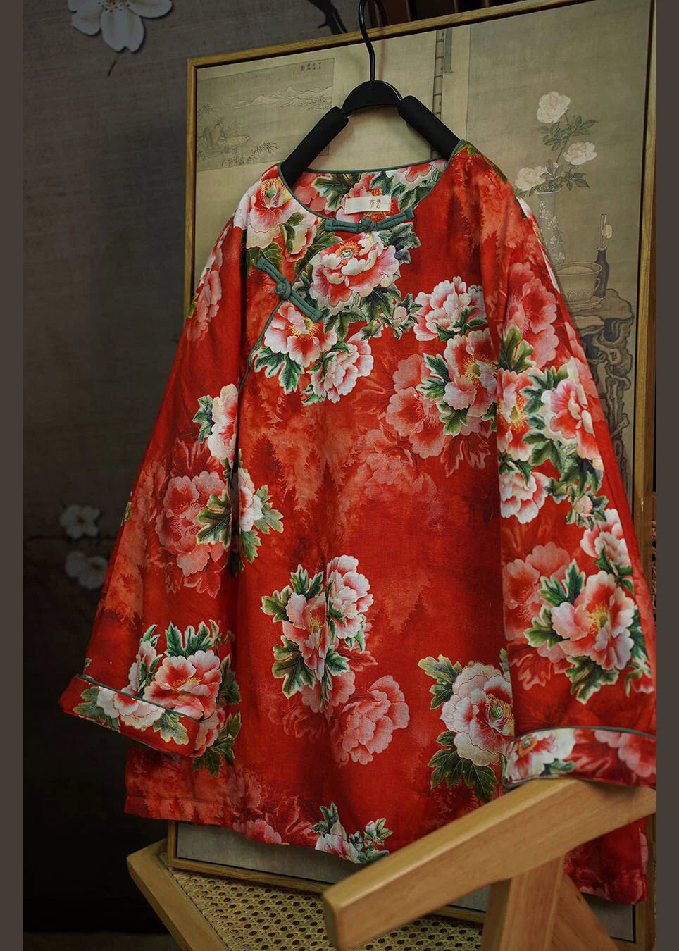 Manteau d'hiver Femme Style Chinois Imprimé Rouge Boutons Orientaux 3