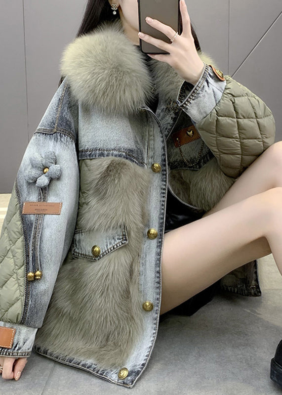 Manteau en Denim Décontracté avec Col de Renard 0