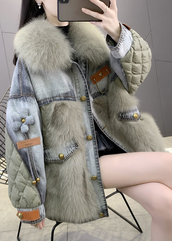 Manteau en Denim Décontracté avec Col de Renard 2