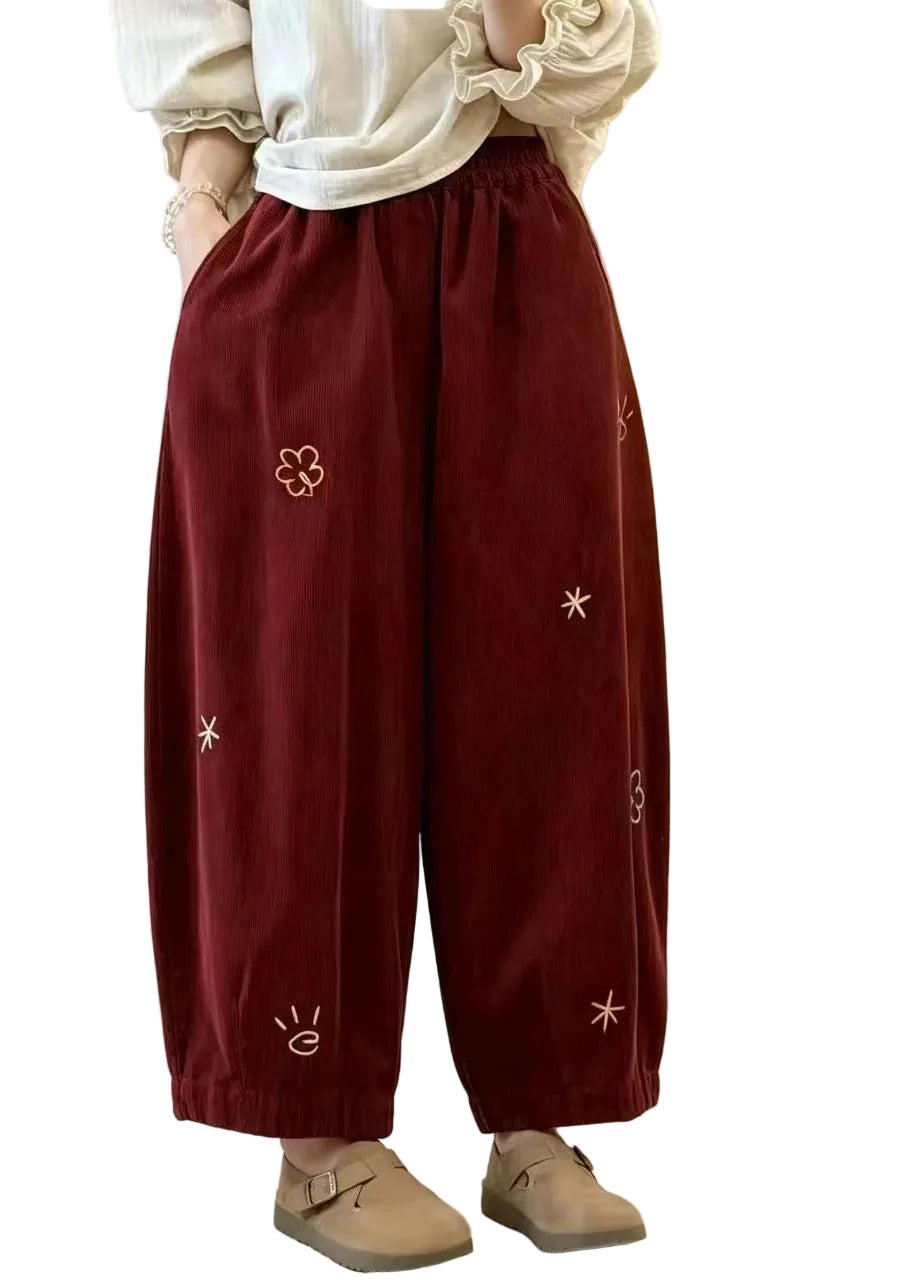 Pantalon Femme Bouffant à Poches Brodées Style Automnal 0