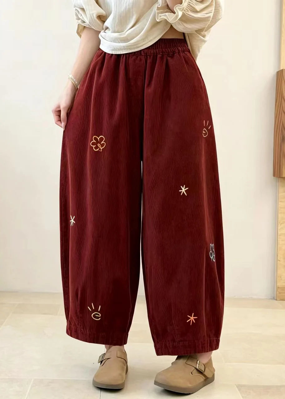 Pantalon Femme Bouffant à Poches Brodées Style Automnal 1