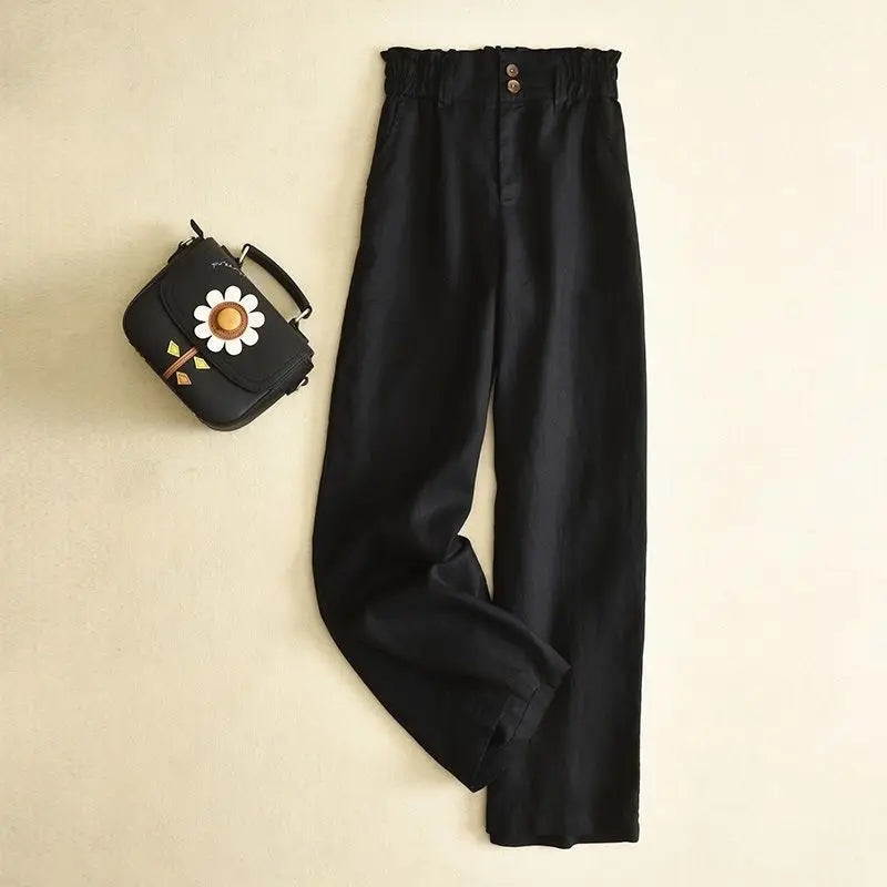 Pantalon Femme Large Taille Haute Élastique Mélange de Tissus Doux 1