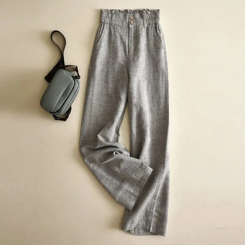 Pantalon Femme Large Taille Haute Élastique Mélange de Tissus Doux 2