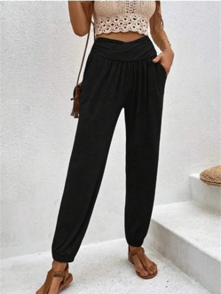 Pantalon Femme Long Taille Haute Élastique avec Poches 1