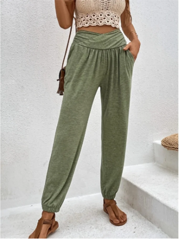 Pantalon Femme Long Taille Haute Élastique avec Poches 2