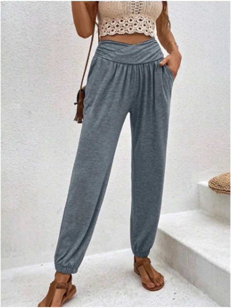 Pantalon Femme Long Taille Haute Élastique avec Poches 4