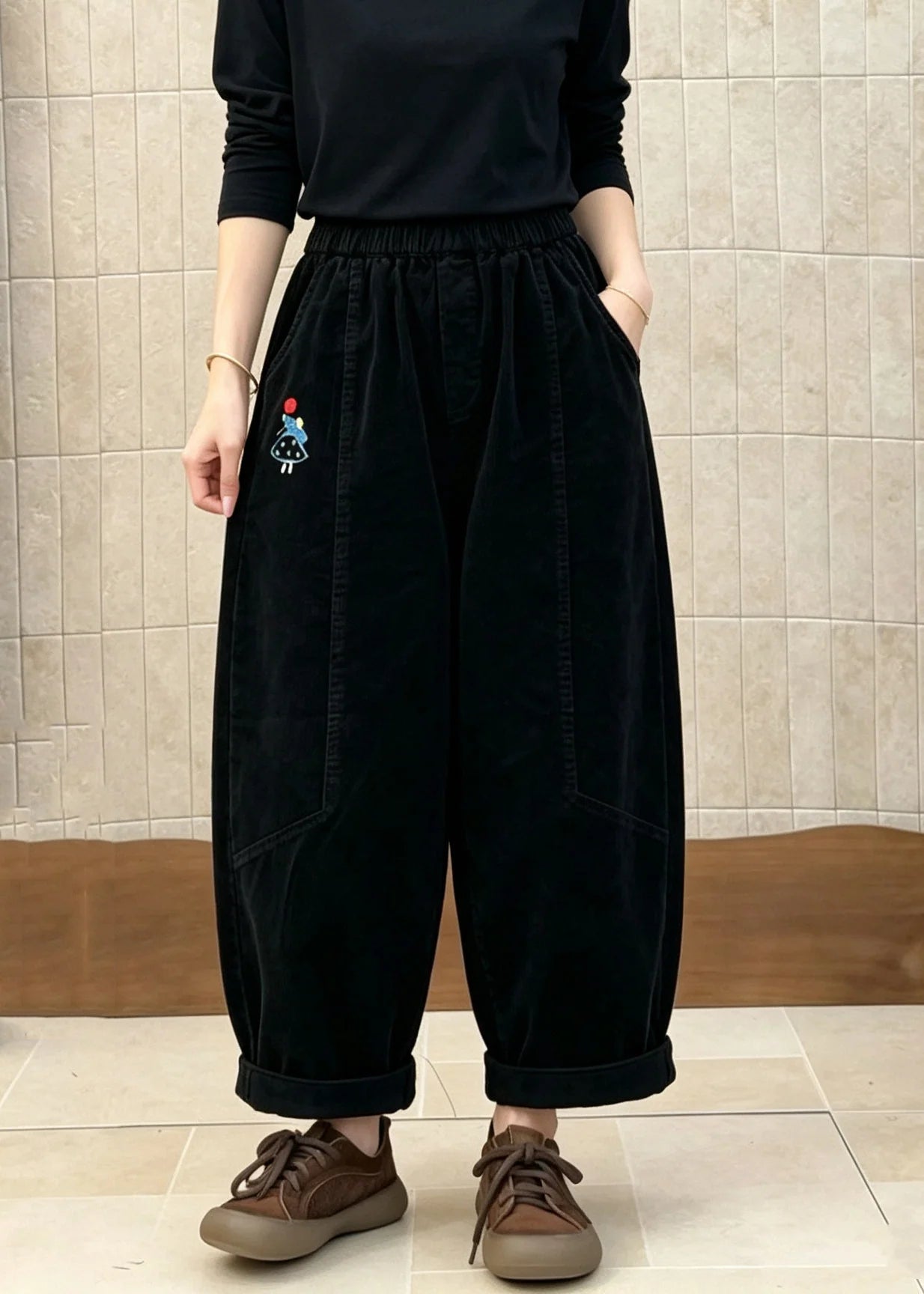 Pantalon Femme Patchwork à Taille Élastique 3