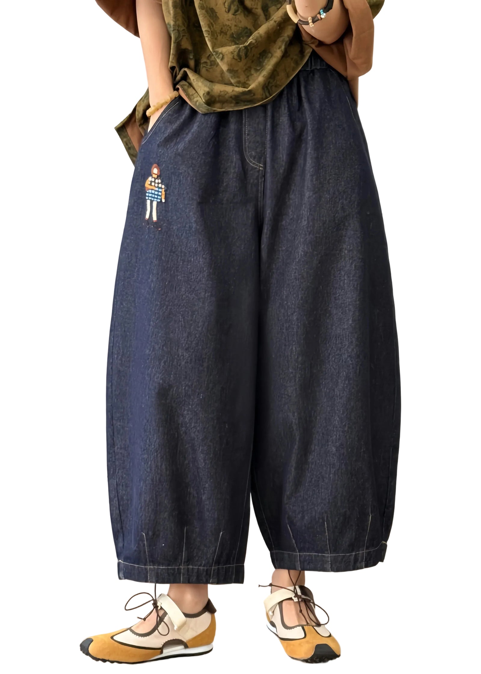 Pantalon Femme Style Lanterne Patchwork avec Poches Brodées 0