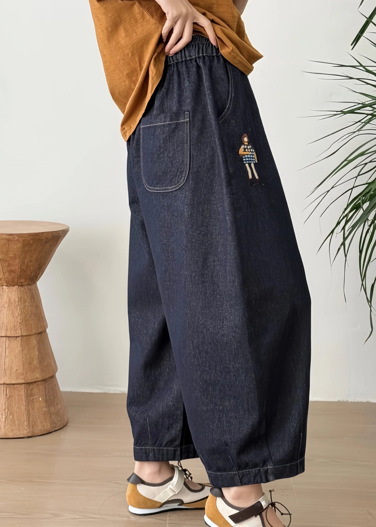 Pantalon Femme Style Lanterne Patchwork avec Poches Brodées 2