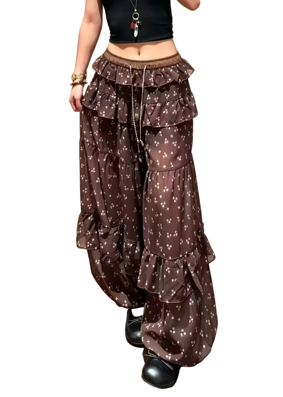 Pantalon Femme Style Lanterne à Volants Imprimé Estival 0