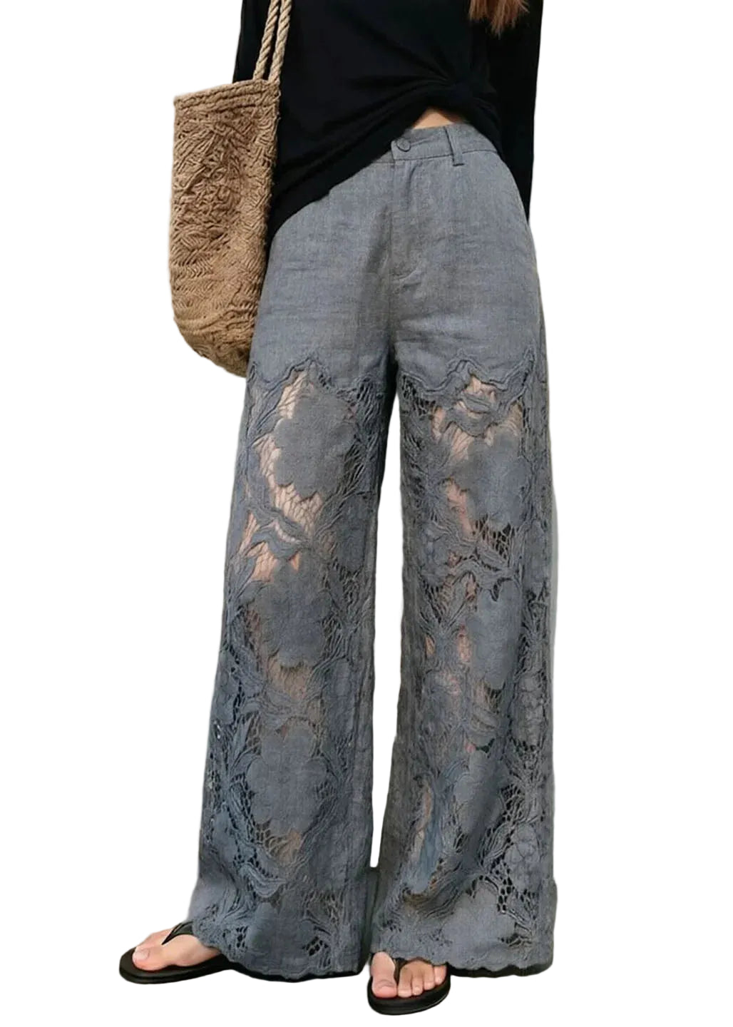 Pantalon Femme Taille Haute Jambes Larges à Poches 0