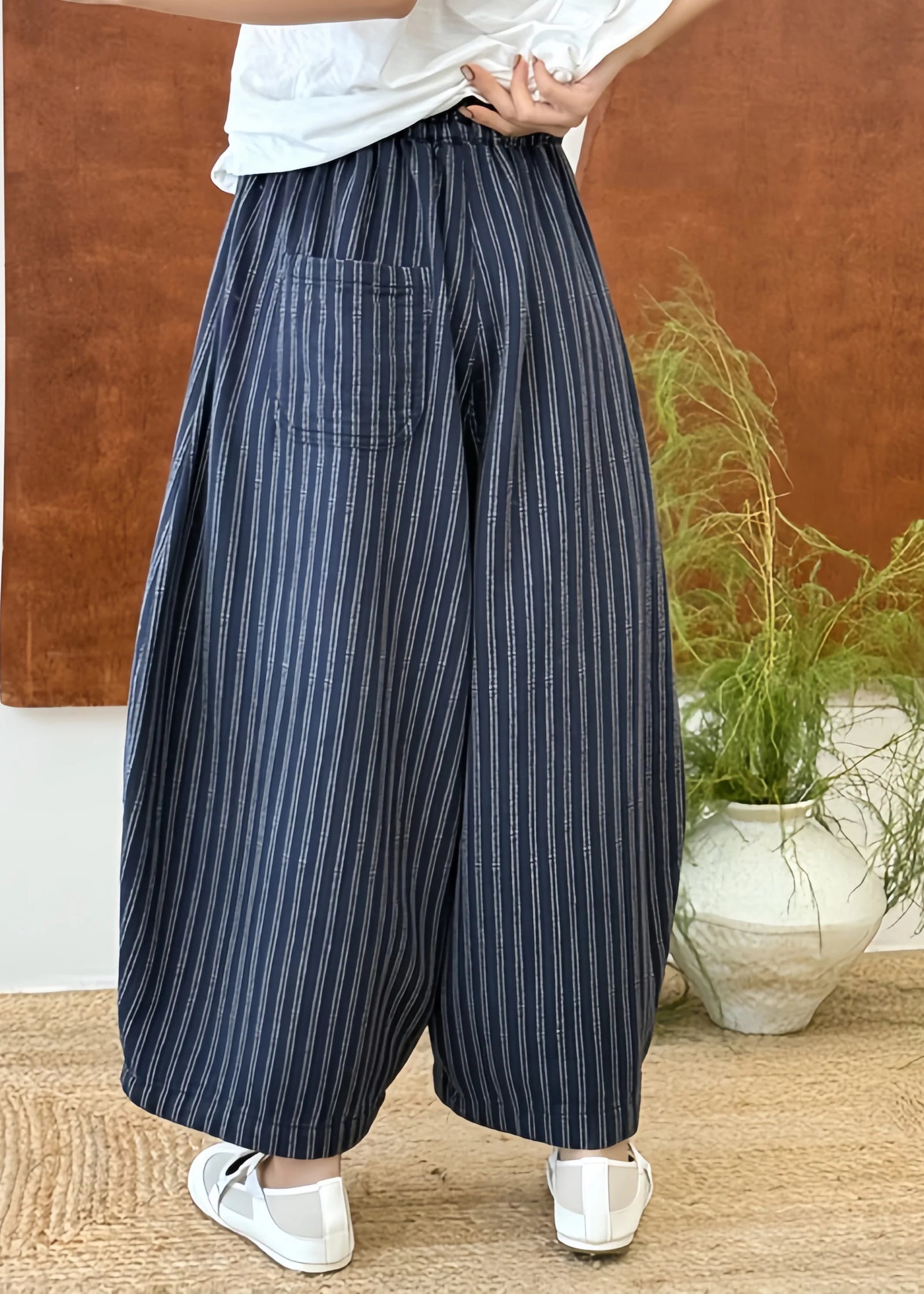 Pantalon Femme à Rayures et Patchwork Taille Élastique Automne 3