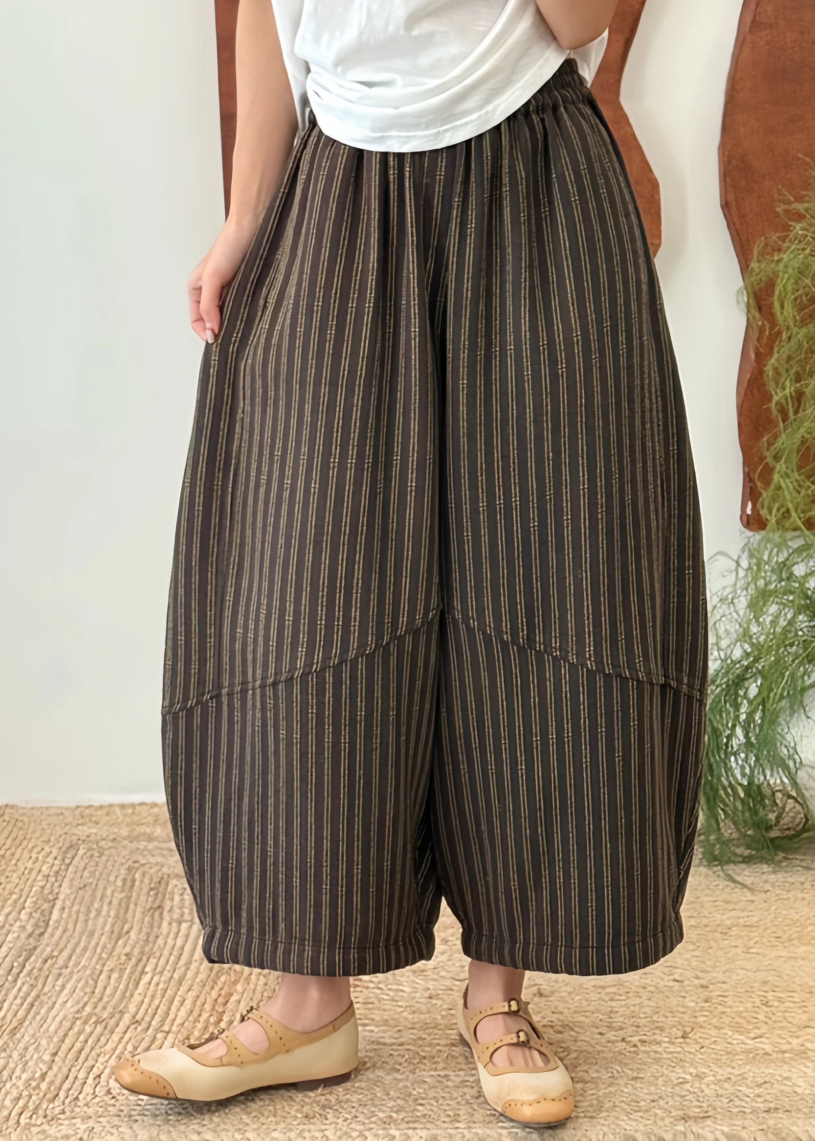 Pantalon Femme à Rayures et Patchwork Taille Élastique Automne 4