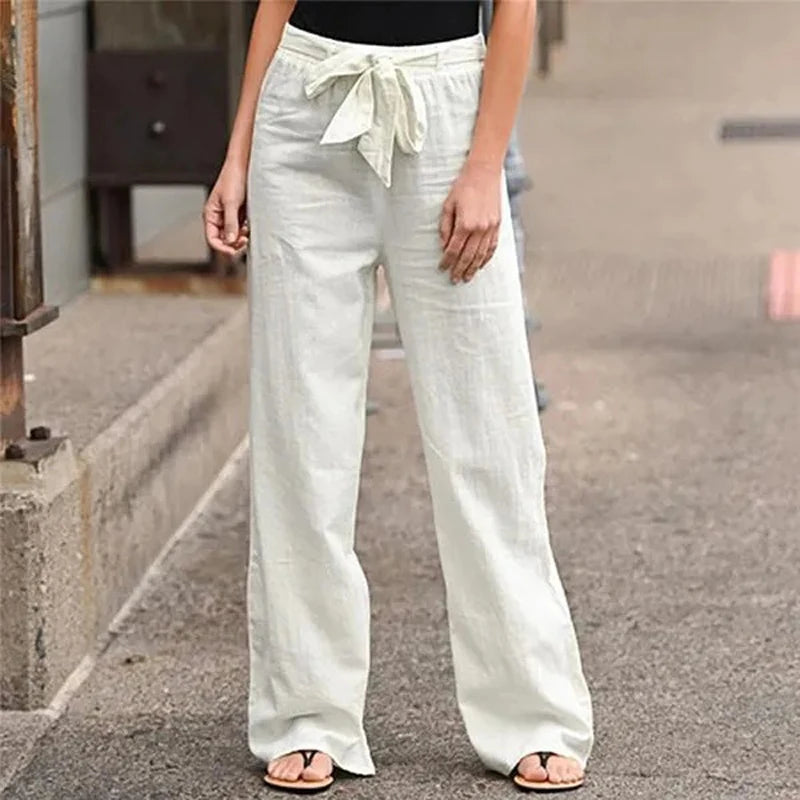 Pantalon Fluide Femme Coton Lin Taille Élastique Décontracté 3