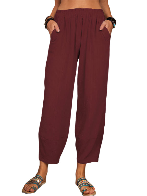 Pantalon Fluide Femme Harem Lin Coton Décontracté 0