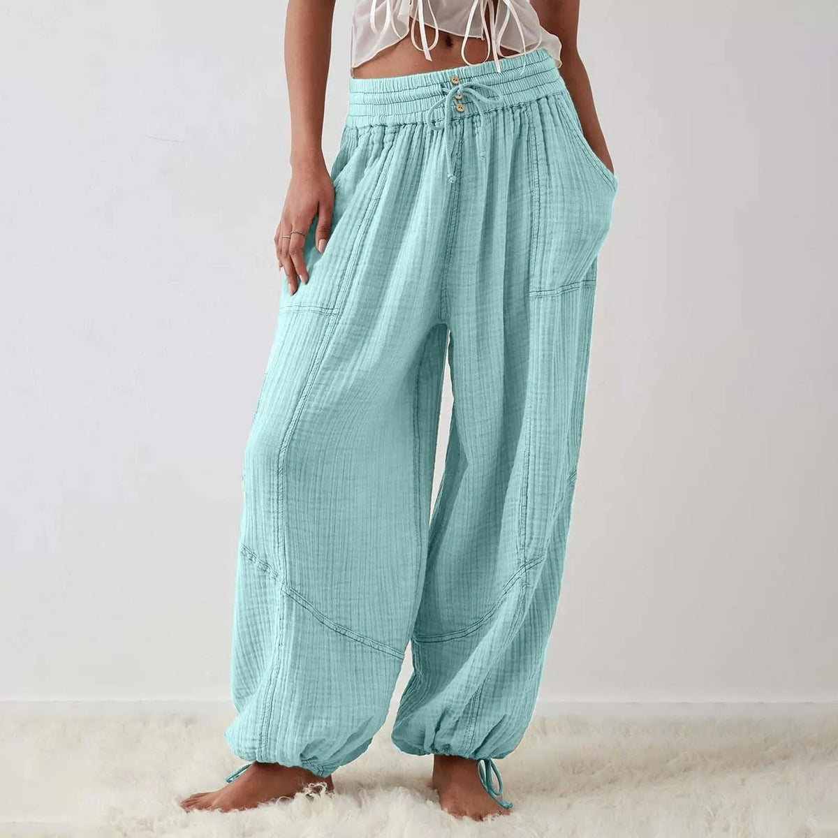 Pantalon Fluide Femme Taille Élastique Cordon de Serrage Polyester Spandex Coton 10