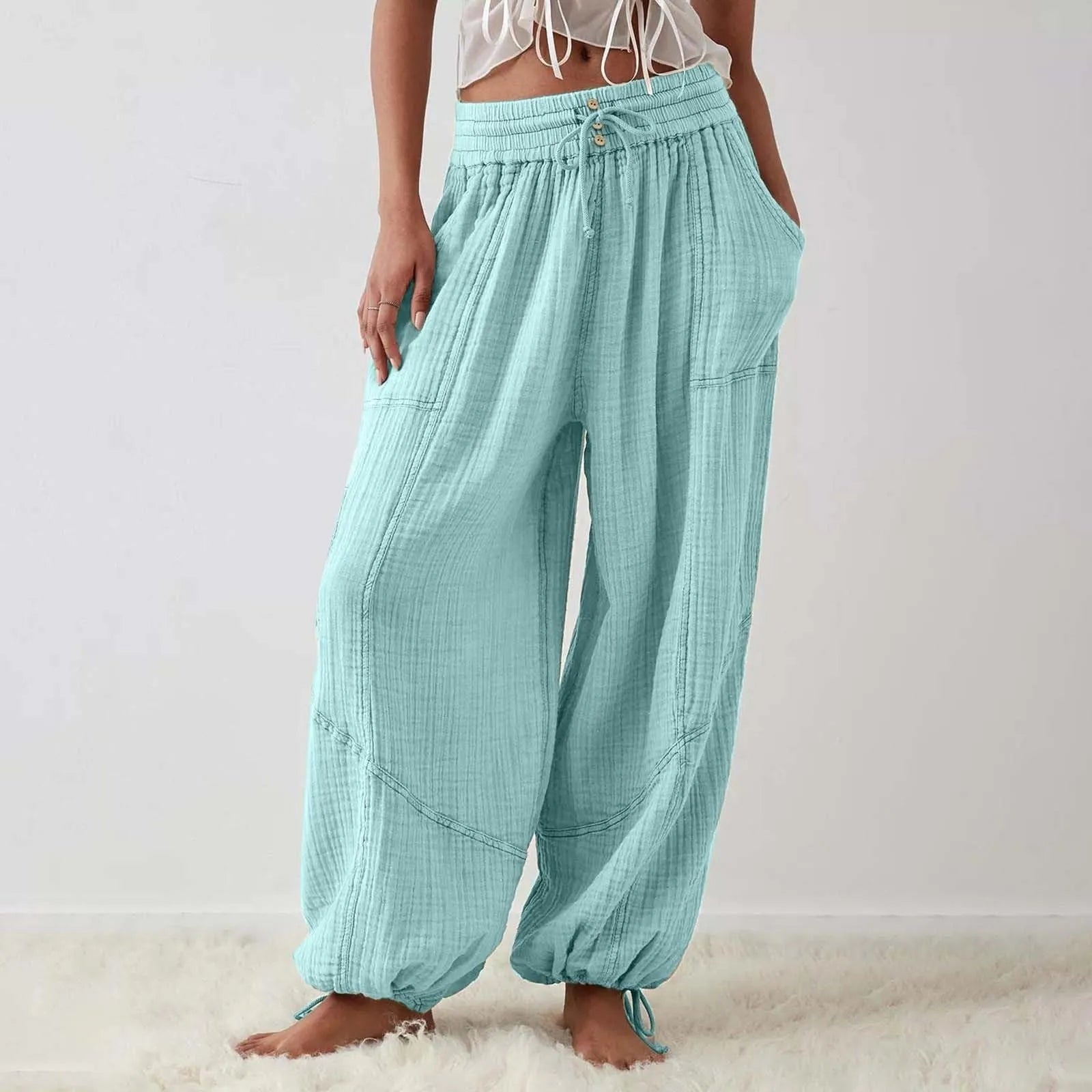 Pantalon Fluide Femme Taille Élastique Cordon de Serrage Polyester Spandex Coton 10