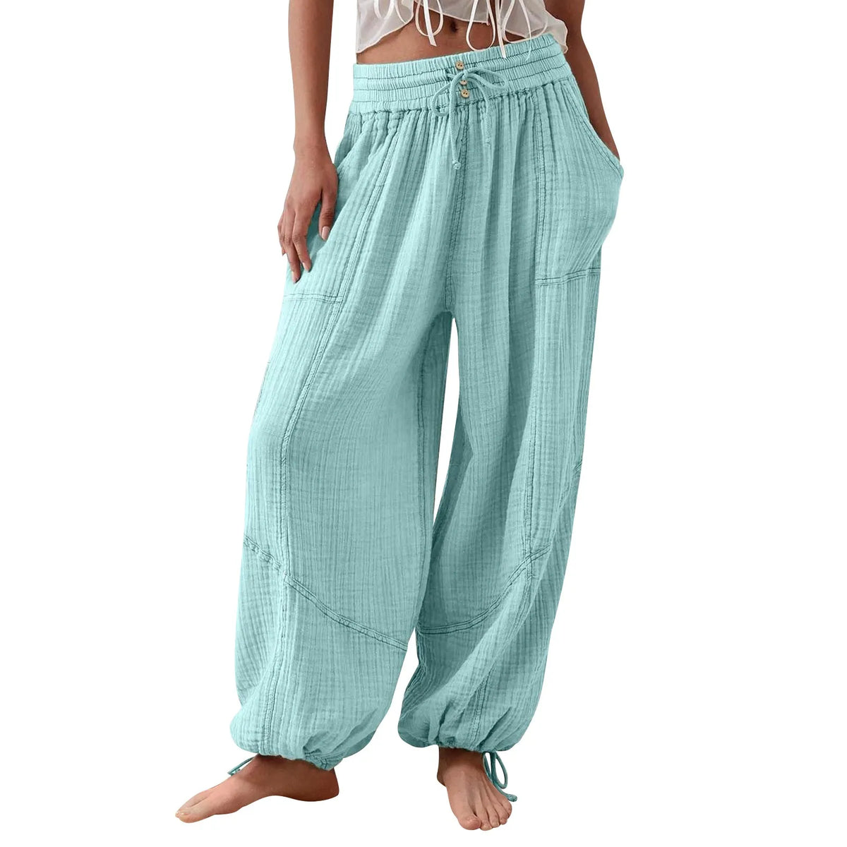 Pantalon Fluide Femme Taille Élastique Cordon de Serrage Polyester Spandex Coton 1