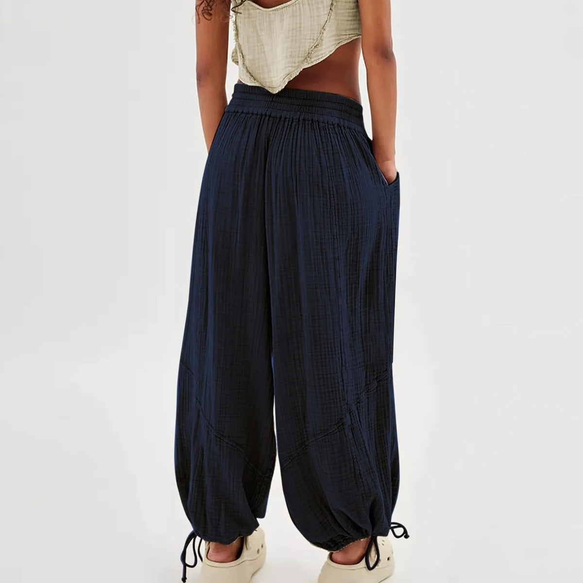 Pantalon Fluide Femme Taille Élastique Cordon de Serrage Polyester Spandex Coton 2