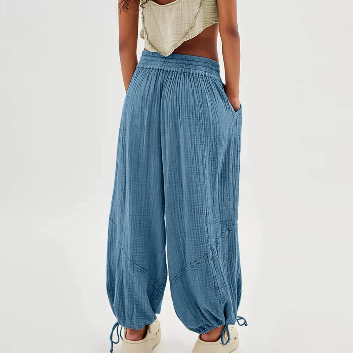 Pantalon Fluide Femme Taille Élastique Cordon de Serrage Polyester Spandex Coton 3