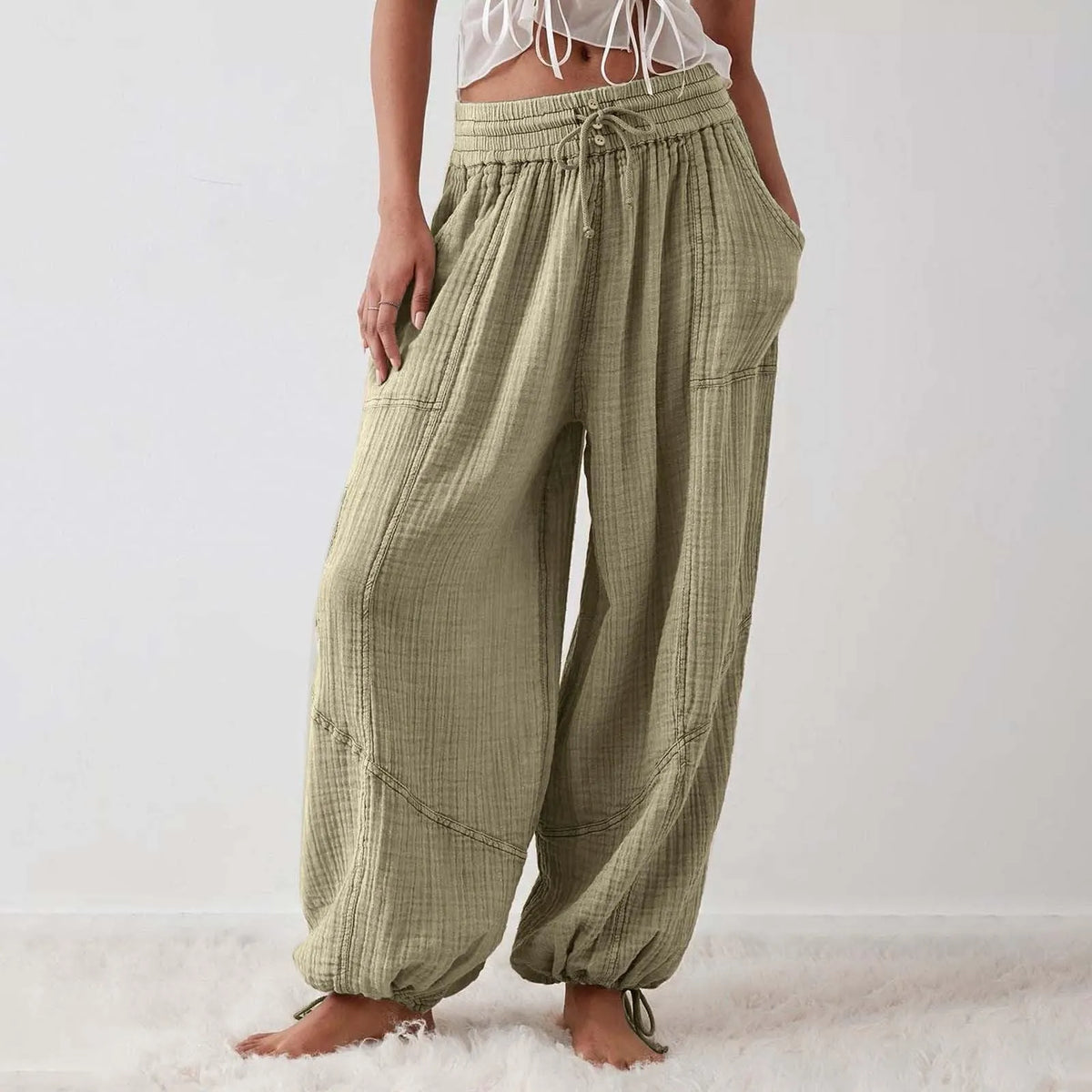 Pantalon Fluide Femme Taille Élastique Cordon de Serrage Polyester Spandex Coton 6