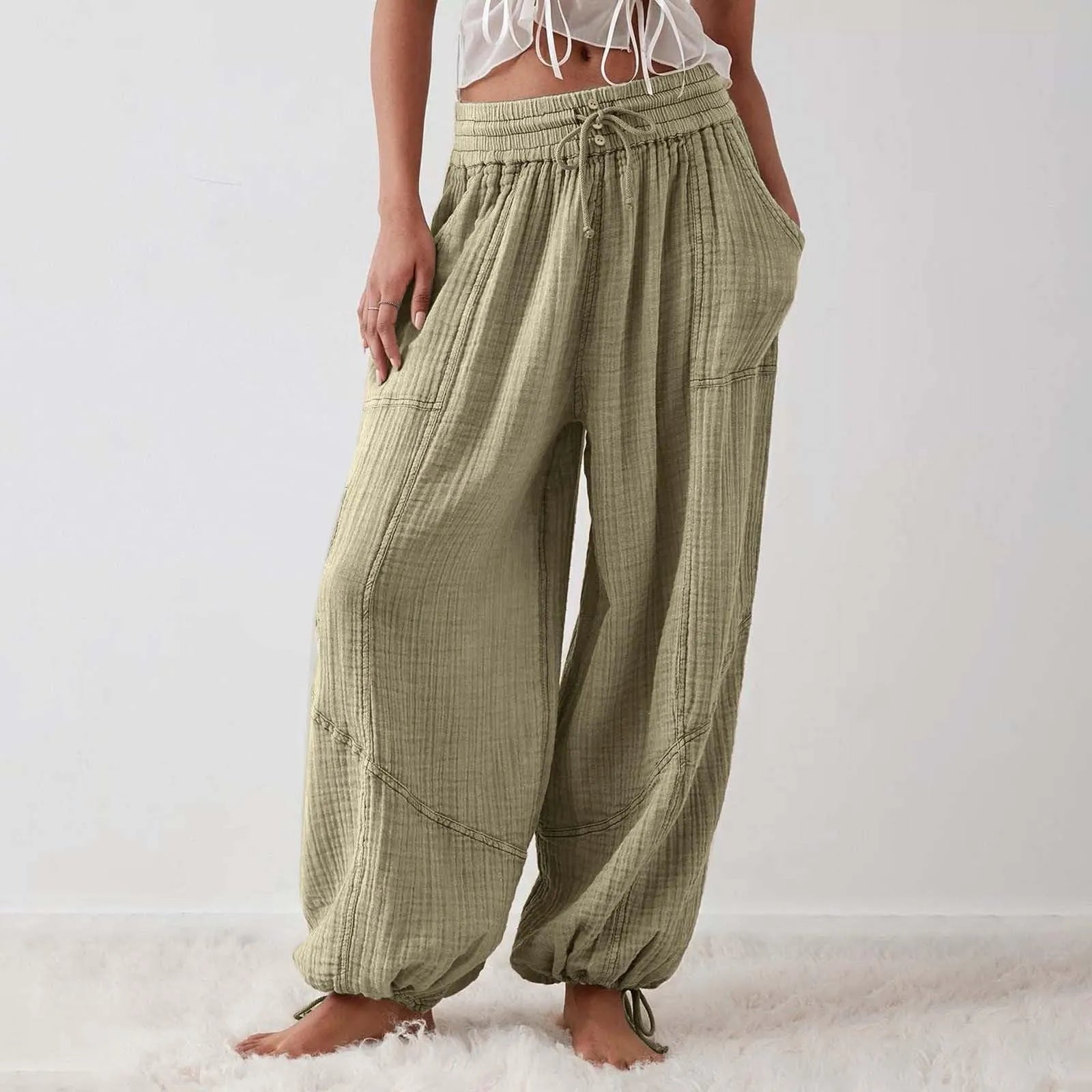 Pantalon Fluide Femme Taille Élastique Cordon de Serrage Polyester Spandex Coton 6