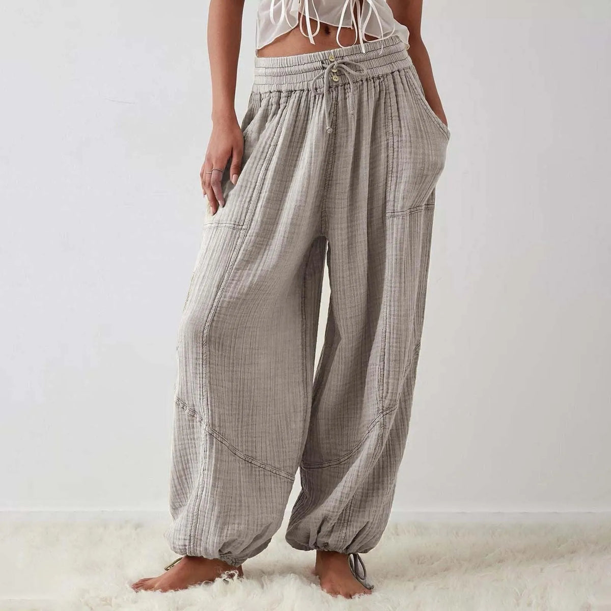 Pantalon Fluide Femme Taille Élastique Cordon de Serrage Polyester Spandex Coton 7