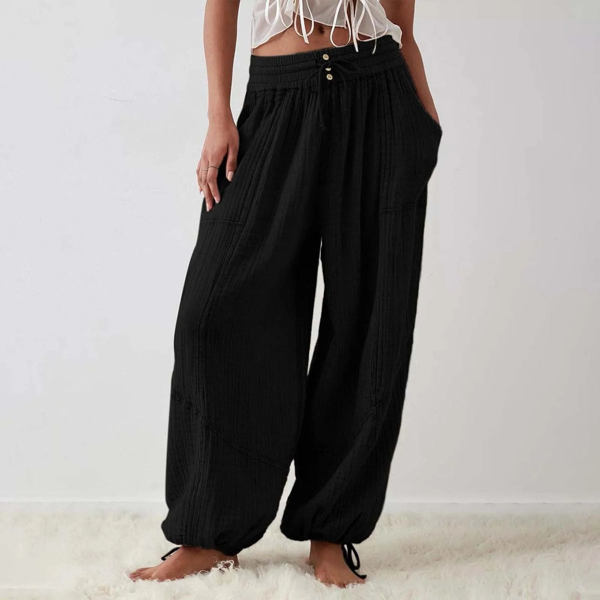 Pantalon Fluide Femme Taille Élastique Cordon de Serrage Polyester Spandex Coton 8