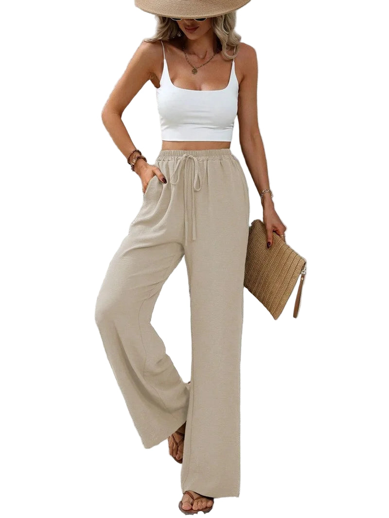 Pantalon Fluide Femme Taille Élastique avec Poches et Nœud en Mélange de Tissus Doux 0