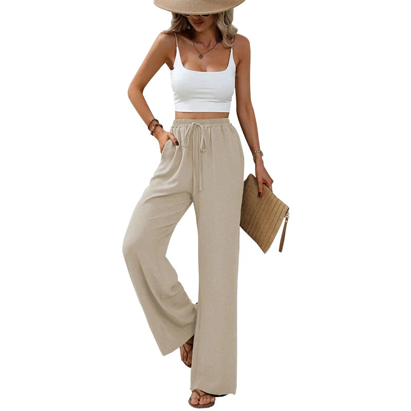 Pantalon Fluide Femme Taille Élastique avec Poches et Nœud en Mélange de Tissus Doux 12